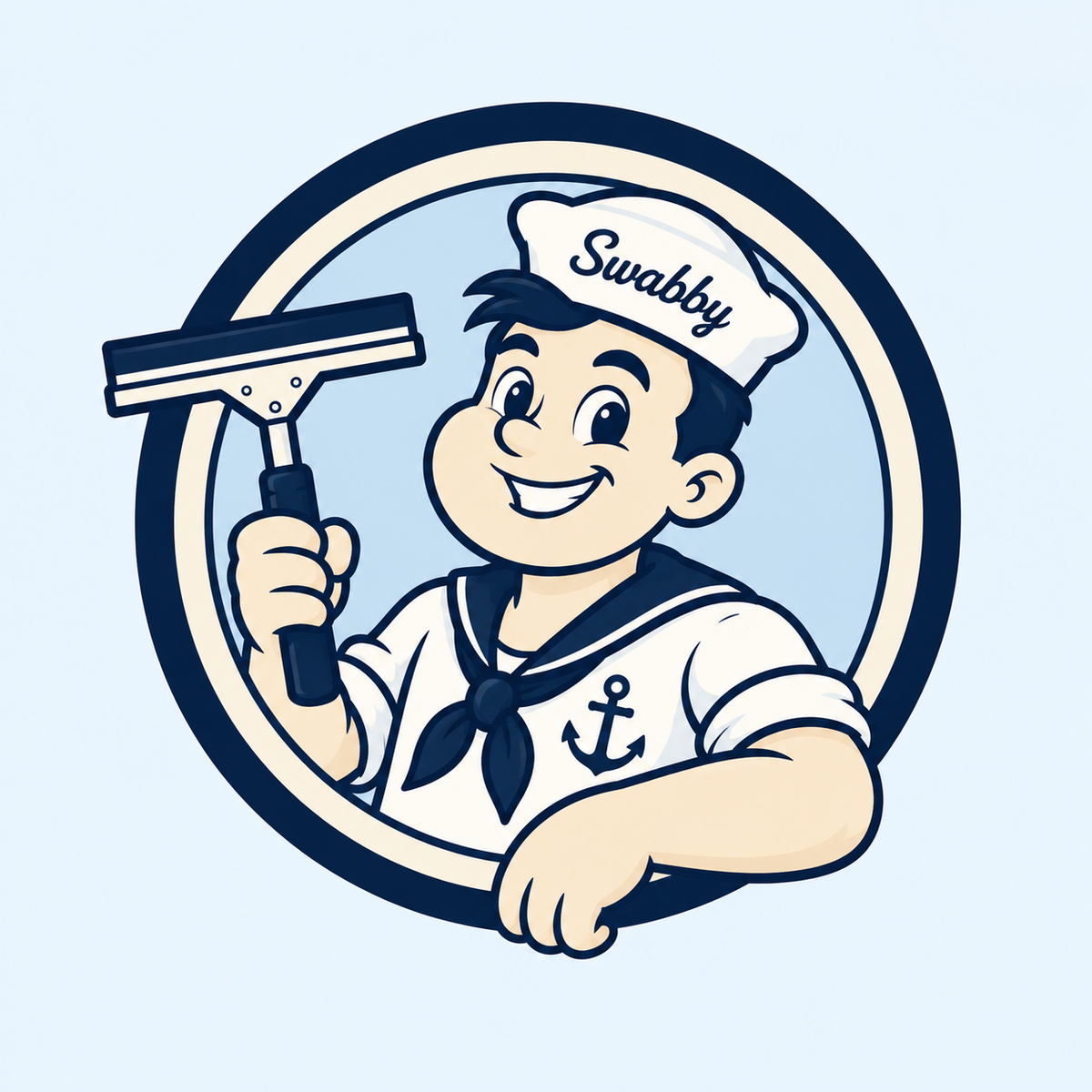 Swabby sailor mascot holding a squeegee